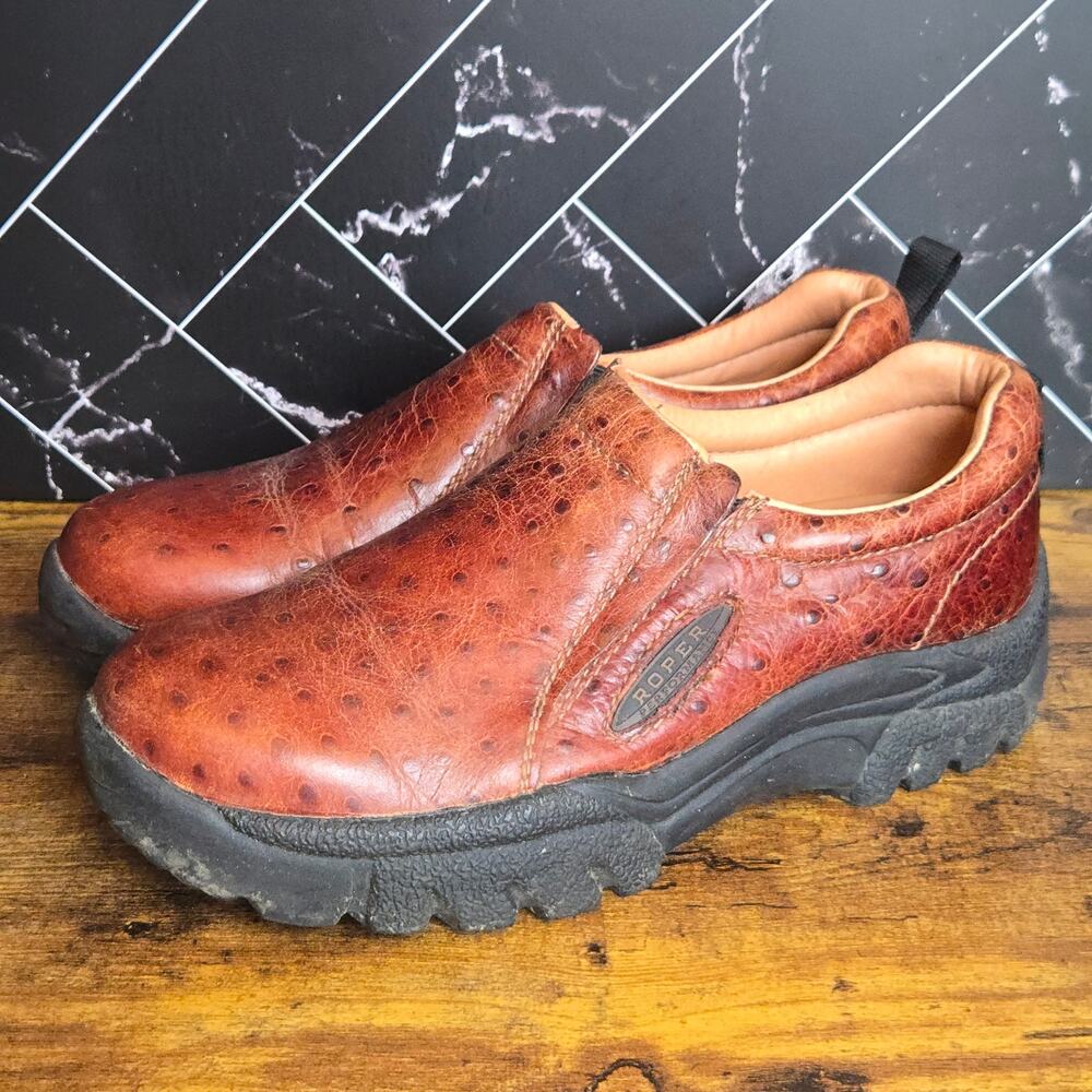 Roper Performance Mens 8 Brown Ostrich Print Leather Slip On Western Shoes